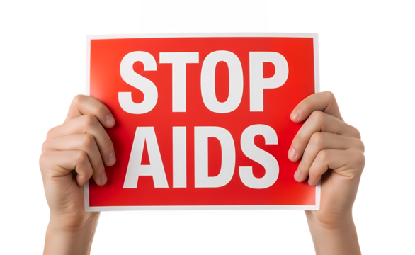 Hands holding a bold “STOP AIDS” sign, strong advocacy message