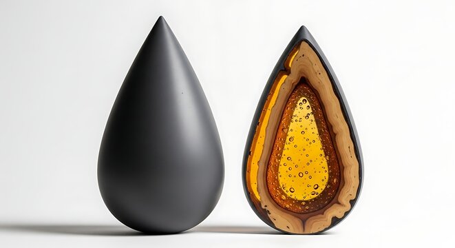 Two teardrop-shaped objects, one black and one transparent with amber interior. - Powered by Adobe