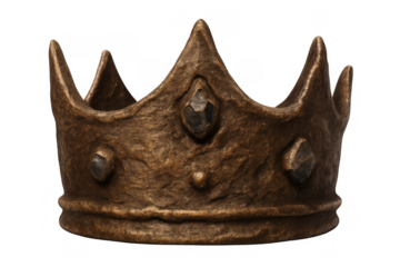 Ancient bronze crown with gem details, symbolizing kingdom, power, and medieval fantasy royalty on transparent background