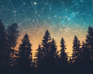 Silhouettes of pine trees against a twilight sky (blue/orange gradient) overlaid with a geometric, connected star constellation network.