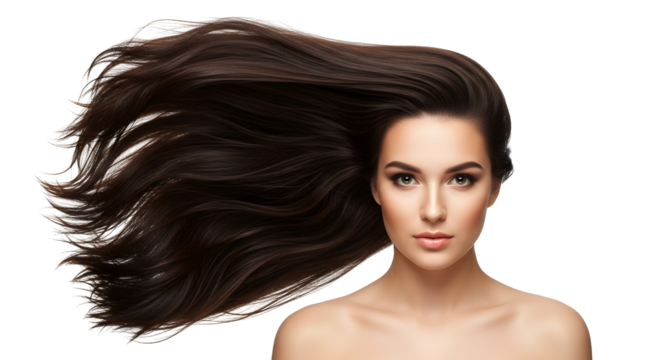 Beautiful woman with long dark flowing hair showcasing perfect health and shiny volume a natural beauty for hair care and cosmetic advertisements