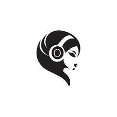 Black Vector Illustration of Woman Wearing Headphone in Clean Minimal Style on White Background