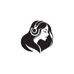 Black Vector Illustration of Woman Wearing Headphone in Clean Minimal Style on White Background