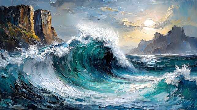 Dramatic oil painting of a massive teal wave crashing near jagged cliffs, rendered with thick impasto texture under a bright, dynamic sky.