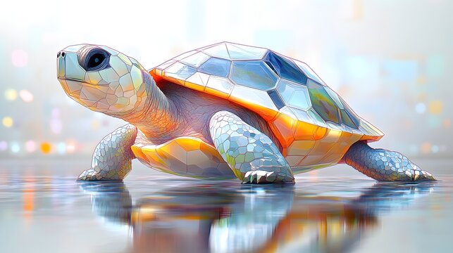 A detailed, low-poly geometric turtle with a crystalline shell, standing on a reflective surface against a bright, softly blurred background.