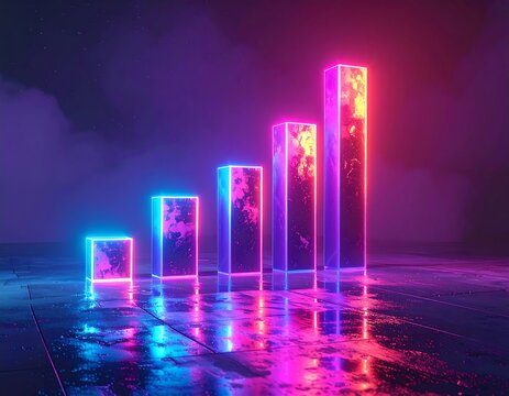 A vibrant, neon-lit graph with ascending bar charts. Reflective surface and cloudy backdrop emphasize digital growth