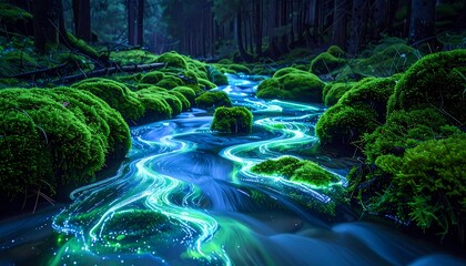 Enchanted Bioluminescent River Flowing Through a Mossy Forest at Night.