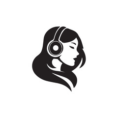 Black Vector Illustration of Woman Wearing Headphone in Clean Minimal Style on White Background