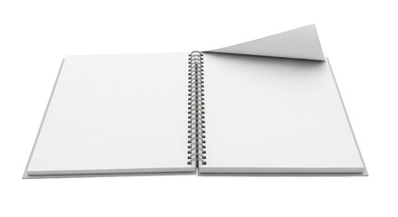 Open blank white spiral bound notebook with one page turned isolated on a transparent background image