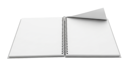 Open blank white spiral bound notebook with one page turned isolated on a transparent background image