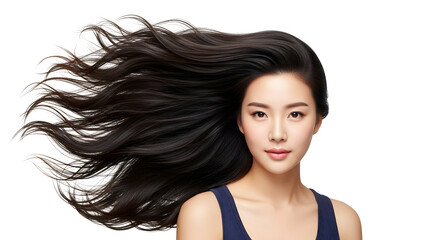 Fototapeta premium Beautiful young asian woman with voluminous dark healthy shiny flowing luxurious long hair in a studio portrait showcasing perfect hair condition and elegant beauty ideal for hair care advertising