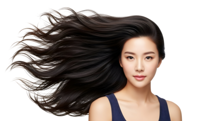 Beautiful young asian woman with voluminous dark healthy shiny flowing luxurious long hair in a studio portrait showcasing perfect hair condition and elegant beauty ideal for hair care advertising