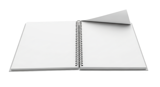 Open blank white spiral bound notebook with one page turned isolated on a transparent background image - Powered by Adobe