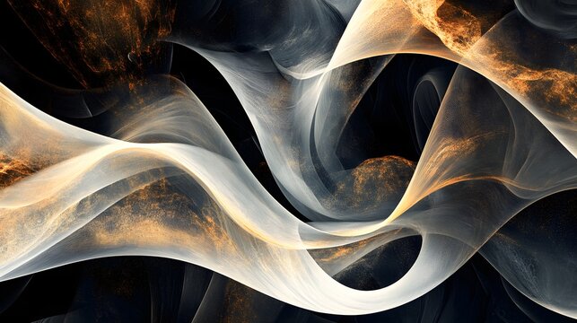 Abstract image of gracefully flowing, translucent ribbons of white and gold-flecked smoke or energy against a deep, dark background.