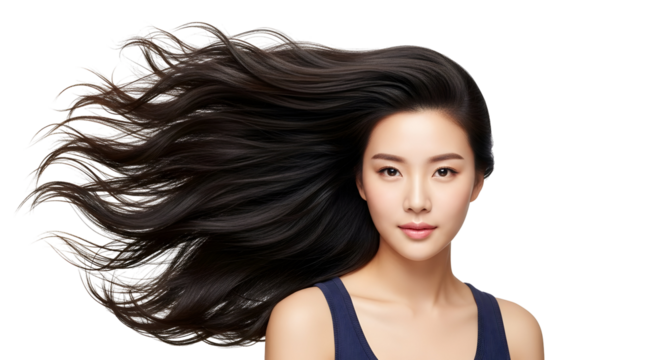 Beautiful young asian woman with voluminous dark healthy shiny flowing luxurious long hair in a studio portrait showcasing perfect hair condition and elegant beauty ideal for hair care advertising