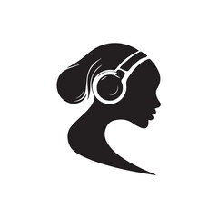Black Vector Illustration of Woman Wearing Headphone in Clean Minimal Style on White Background