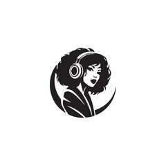 Black Vector Illustration of Woman Wearing Headphone in Clean Minimal Style on White Background