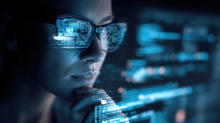 Software coding hologram and woman on tablet.