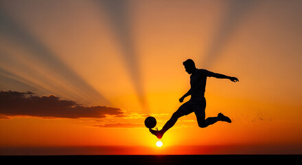 Silhouette of a Soccer Player Kicking the Ball at Sunset with Radiant Beams