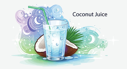 Refreshing coconut beverage presentation with watercolor and celestial elements