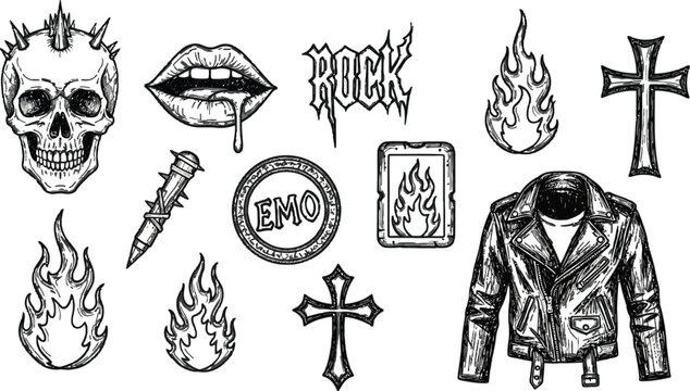 Edgy monochrome collection of rock and emo subculture symbols illustration