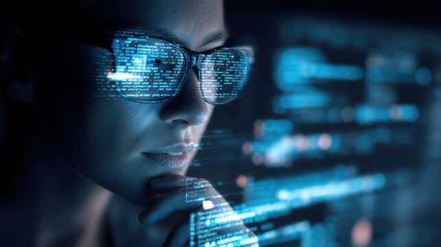 Software coding hologram and woman on tablet.