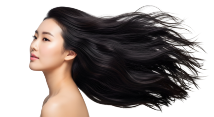 Radiant young Asian woman with luxurious long dark hair flowing beautifully showcasing healthy glossy strands perfect for hair care and beauty advertisements elegant dynamic style