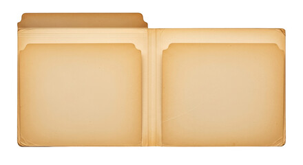 Open vintage manila folder with aged paper pages and embossed lines isolated on a transparent background