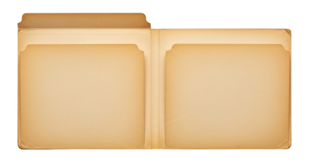 Open vintage manila folder with aged paper pages and embossed lines isolated on a transparent background
