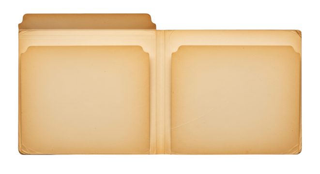 Open vintage manila folder with aged paper pages and embossed lines isolated on a transparent background