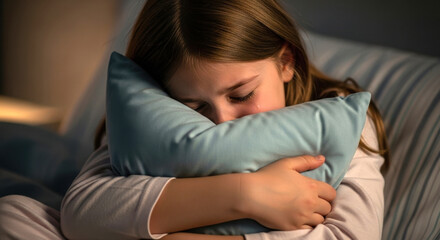 Obraz premium Young Girl Hugging Pillow in Bed Feeling Afraid