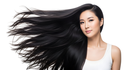 Beautiful young asian woman portrait with luxurious long black hair in motion displaying exceptional health and vitality her radiant complexion reflecting natural beauty and modern elegance for