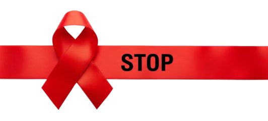 Red ribbon with the word “STOP” stamped beside it, photo-real style