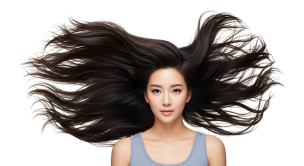 Captivating Asian woman model with extraordinary voluminous dark flowing hair gracefully framing her beautiful face demonstrating ideal hair health and beauty
