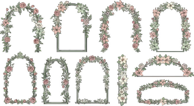 Floral archway collection with pastel botanical elements for wedding designs