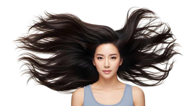 Captivating Asian woman model with extraordinary voluminous dark flowing hair gracefully framing her beautiful face demonstrating ideal hair health and beauty