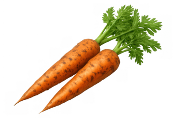 Two fresh organic carrots with green tops, providing healthy root vegetables for cooking and diet, isolated