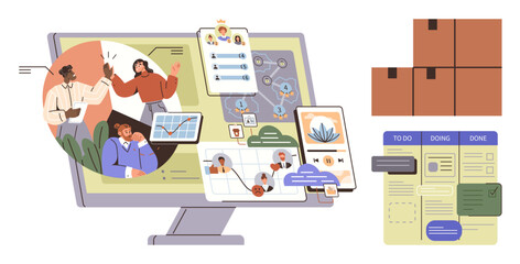 Collaborative team working, digital task boards, logistics management, packaging boxes, and communication apps. Ideal for teamwork, productivity, logistics, organization workflow processes