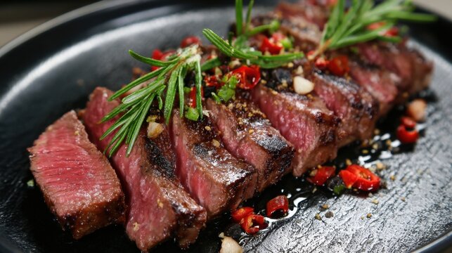 Juicy steak cooked to perfection sits on a sizzling plate. It is garnished with fresh herbs and colorful chili peppers making it an enticing culinary delight.