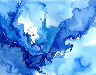 Watercolor abstract art piece with flowing blues. Shades transition, creating fluid shapes. Splatters add texture to the vibrant, calming composition