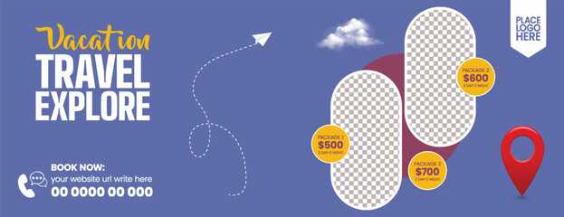 travel agency social media banner for travel sale, travelling agency business marketing, holiday tour promotion, hotel resort booking, and flight ticket booking template design