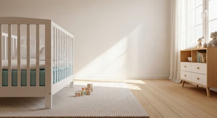 3d render children room, light cozy interior with wooden crib