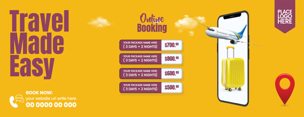 Elegant travel agency horizontal banner for summer holiday deals, travel sale, hotel resort booking, adventure trip promotion, vacation package offers, and tourism header template design