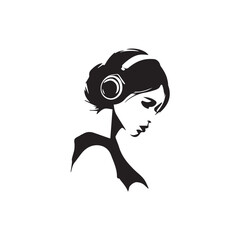 Black Vector Illustration of Woman Wearing Headphone in Clean Minimal Style on White Background