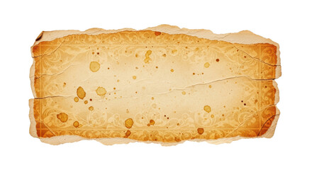 Torn antique parchment paper with ornate border and coffee stains isolated on a transparent background