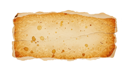 Torn antique parchment paper with ornate border and coffee stains isolated on a transparent background