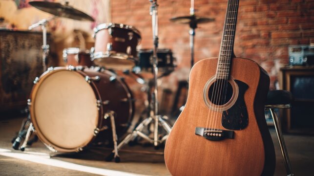 A wooden acoustic guitar stands next to a drum set in a warm and inviting practice area. The light enhances the rustic charm of the space perfect for music creation.