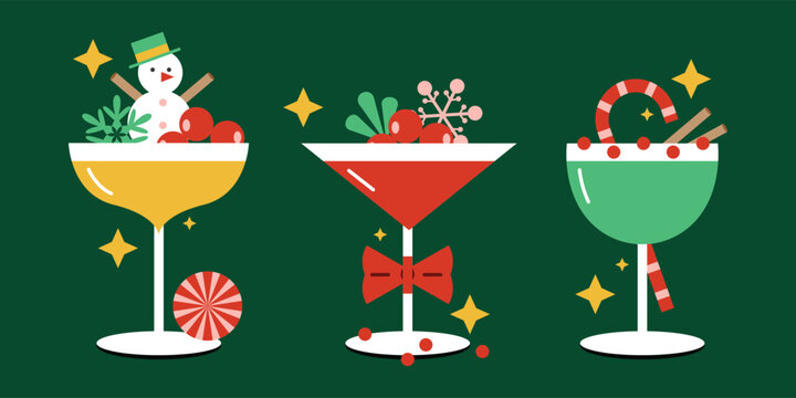 Festive winter holiday cocktail with candy cane, cinnnamon, berries and snowflakes for Christmas celebrations and new year's eve