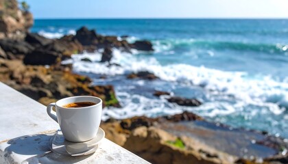 A white coffee cup sits on a saucer on a seaside terrace. Background is a rocky coast with ocean waves and blue sky
