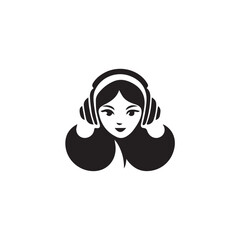 Black Vector Illustration of Woman Wearing Headphone in Clean Minimal Style on White Background